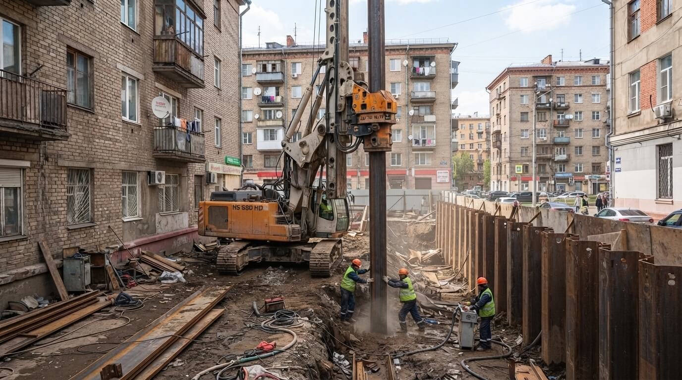 Погружение шпунта в стеснённых условиях и плотной городской застройке